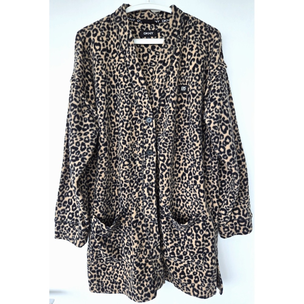 DKNY Robe Cardigan Animal Print Drop Shoulder Fluffy Button Up Slits Sz M Unisex